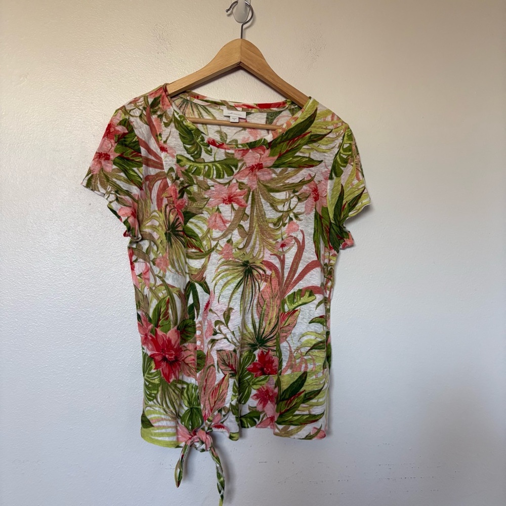 J. Jill Love Linen Tropical Floral Short Sleeve Tie Shirt Size Medium 100% Linen